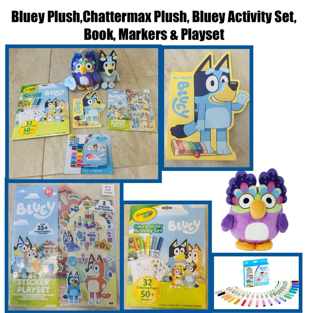 Bluey Plush,Chattermax Plush, Bluey Activity Set, Book,  10 Markers & Playset